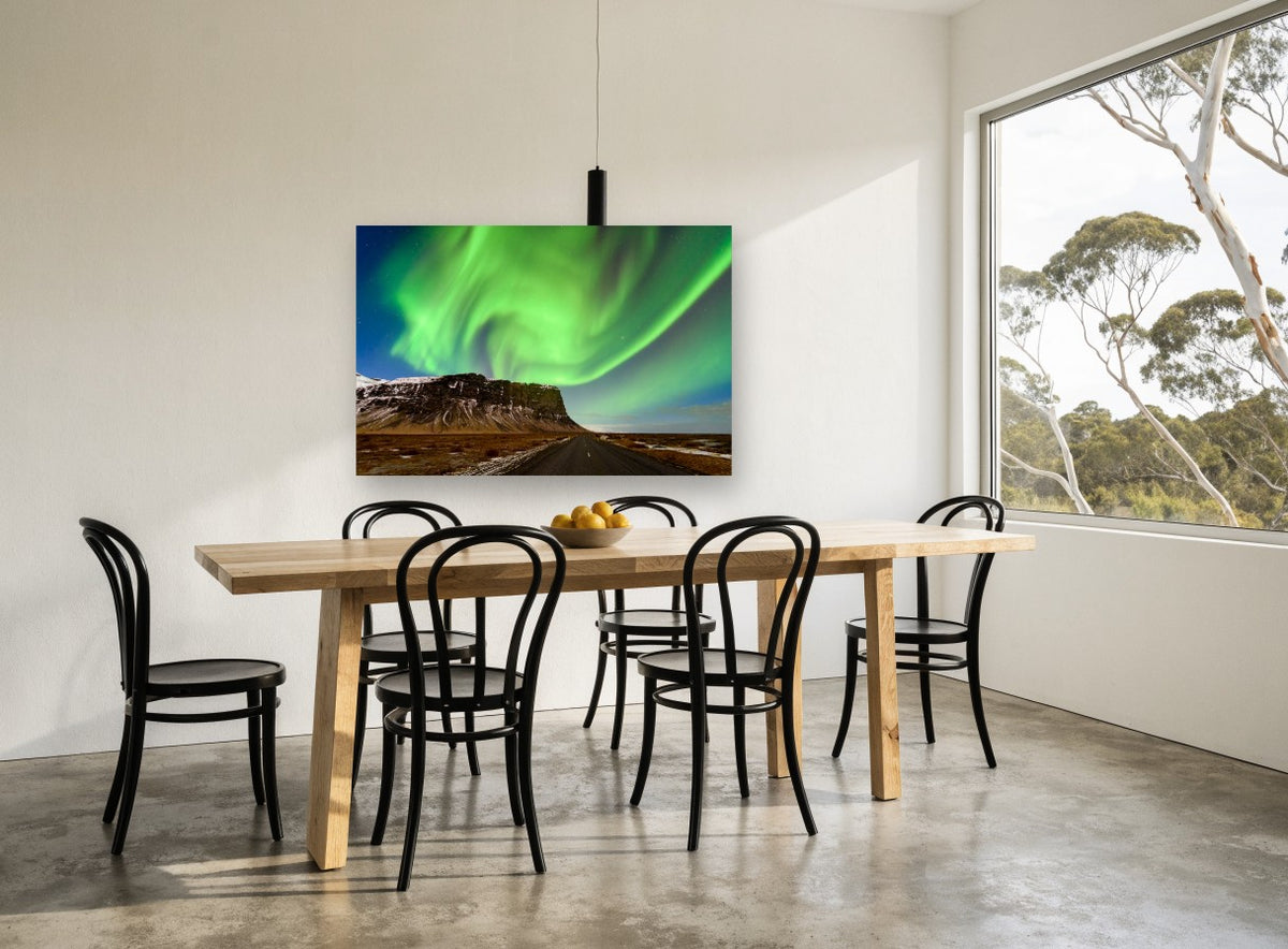 Green Lights Over Cliff landscape canvas print on the wall of a dining room