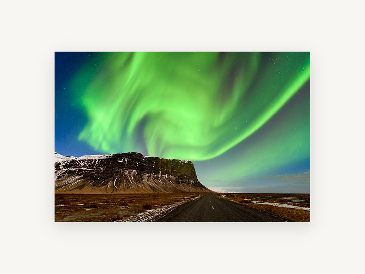 Green Lights Over Cliff, aurora borealis mountain road photograph, landscape canvas wall art print, front view