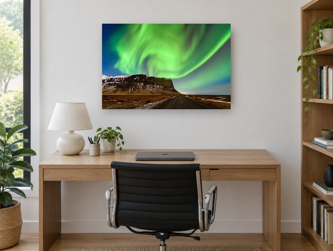 Green Lights Over Cliff landscape canvas print on the wall of a study