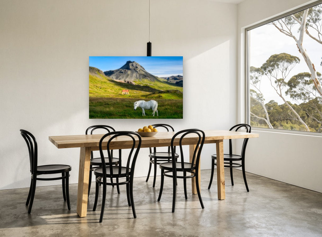 White Horse Below Peak landscape canvas print on the wall of a dining room