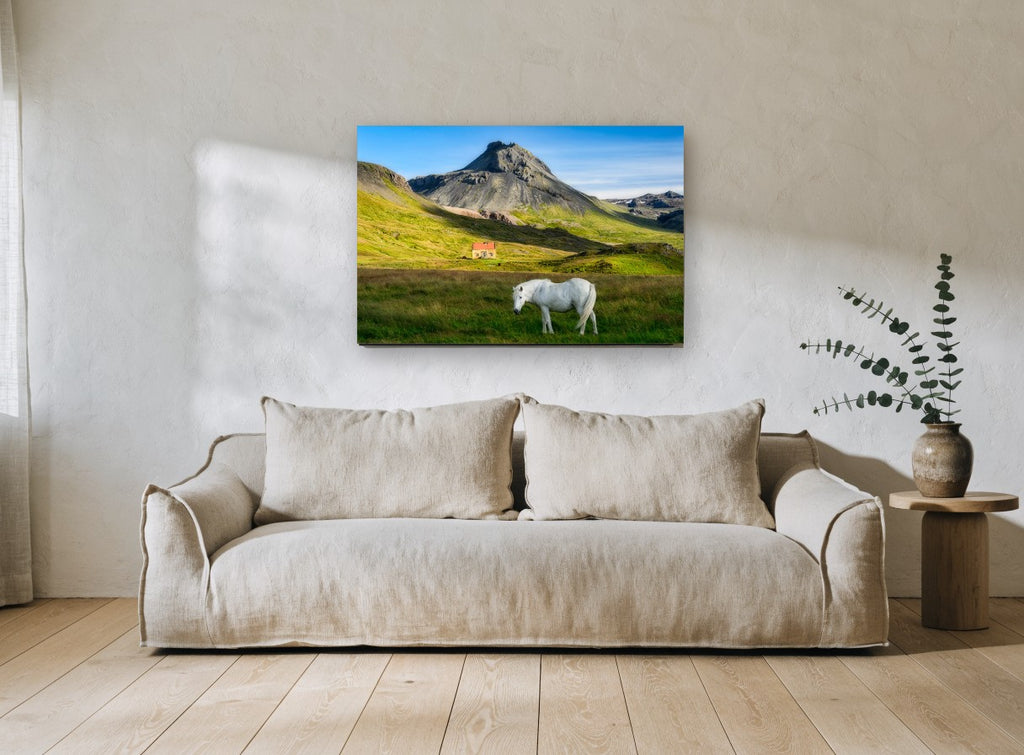 White Horse Below Peak landscape canvas print on the wall of a living room