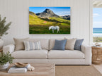 White Horse Below Peak landscape canvas print on the wall of a beach house living room