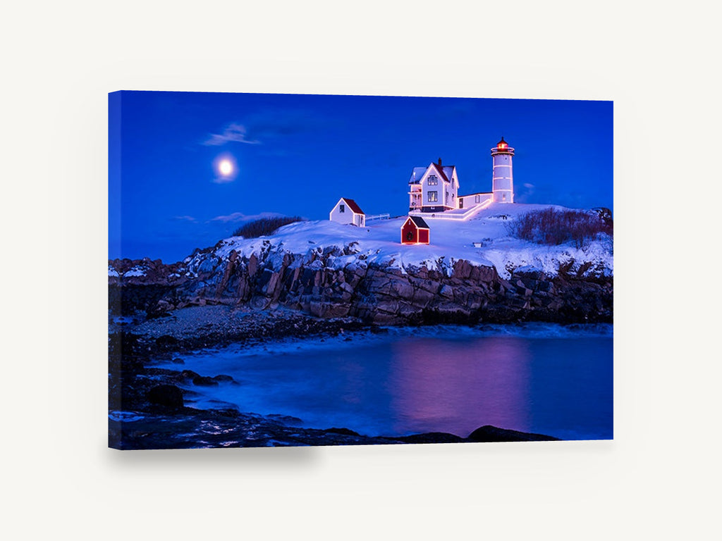 Nubble Winter Night, snowy lighthouse at night photograph, coastal canvas wall art print ready to hang