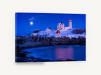 Nubble Winter Night, snowy lighthouse at night photograph, coastal canvas wall art print ready to hang