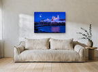 Nubble Winter Night coastal canvas print on the wall of a living room