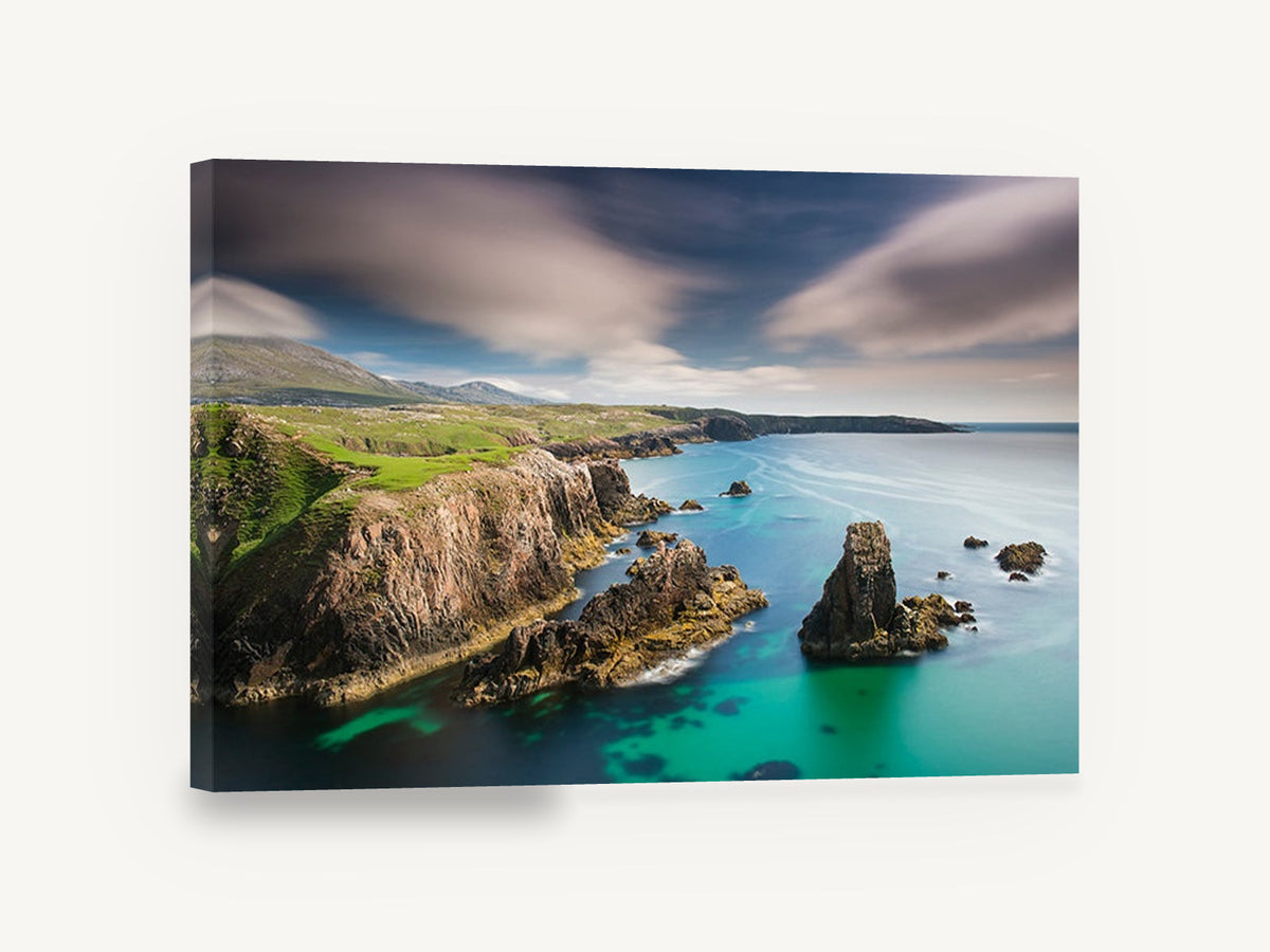 Mangersta Sea Stacks, turquoise sea cliffs coastal photograph, coastal canvas wall art print ready to hang