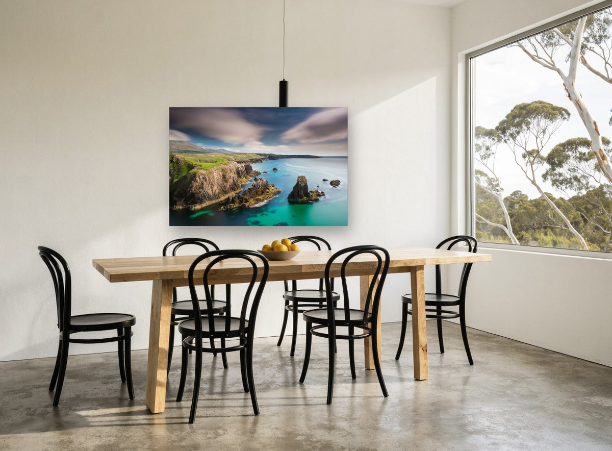 Mangersta Sea Stacks coastal canvas print on the wall of a dining room