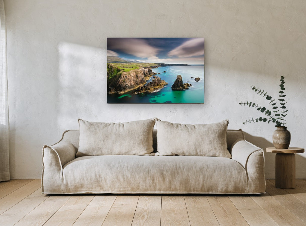 Mangersta Sea Stacks coastal canvas print on the wall of a living room