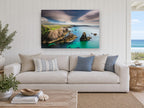 Mangersta Sea Stacks coastal canvas print on the wall of a beach house living room