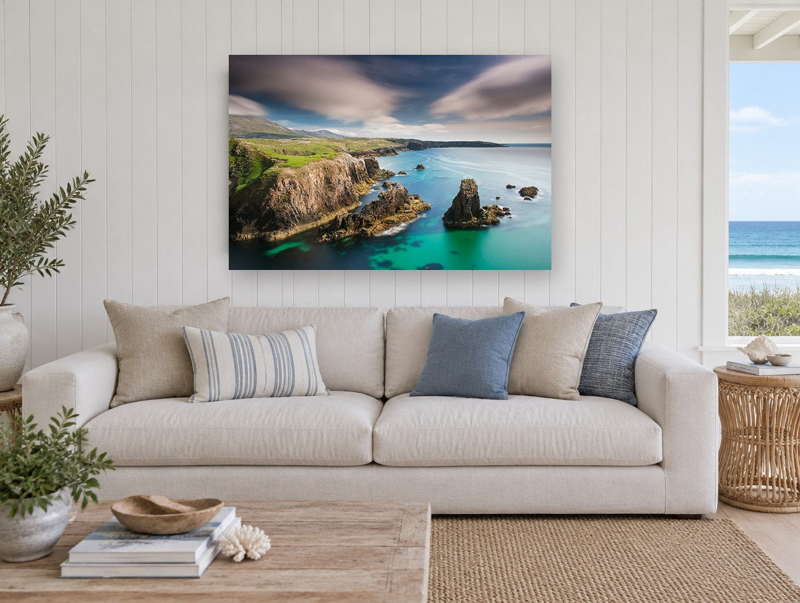 Mangersta Sea Stacks coastal canvas print on the wall of a beach house living room