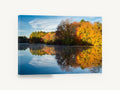 Golden Shoreline Stillness, autumn trees lake reflection photograph, landscape canvas wall art print ready to hang