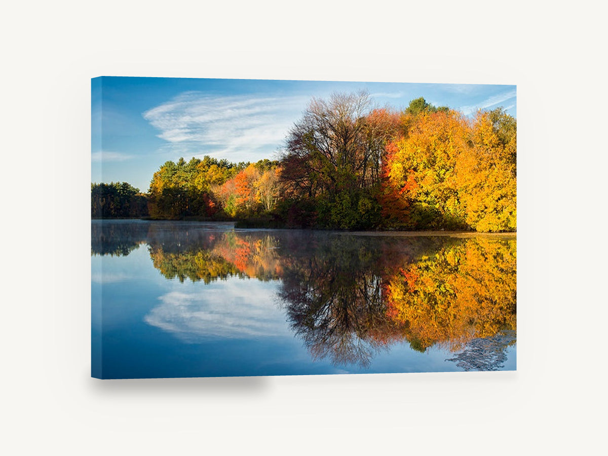 Golden Shoreline Stillness, autumn trees lake reflection photograph, landscape canvas wall art print ready to hang