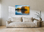 Golden Shoreline Stillness landscape canvas print on the wall of a living room