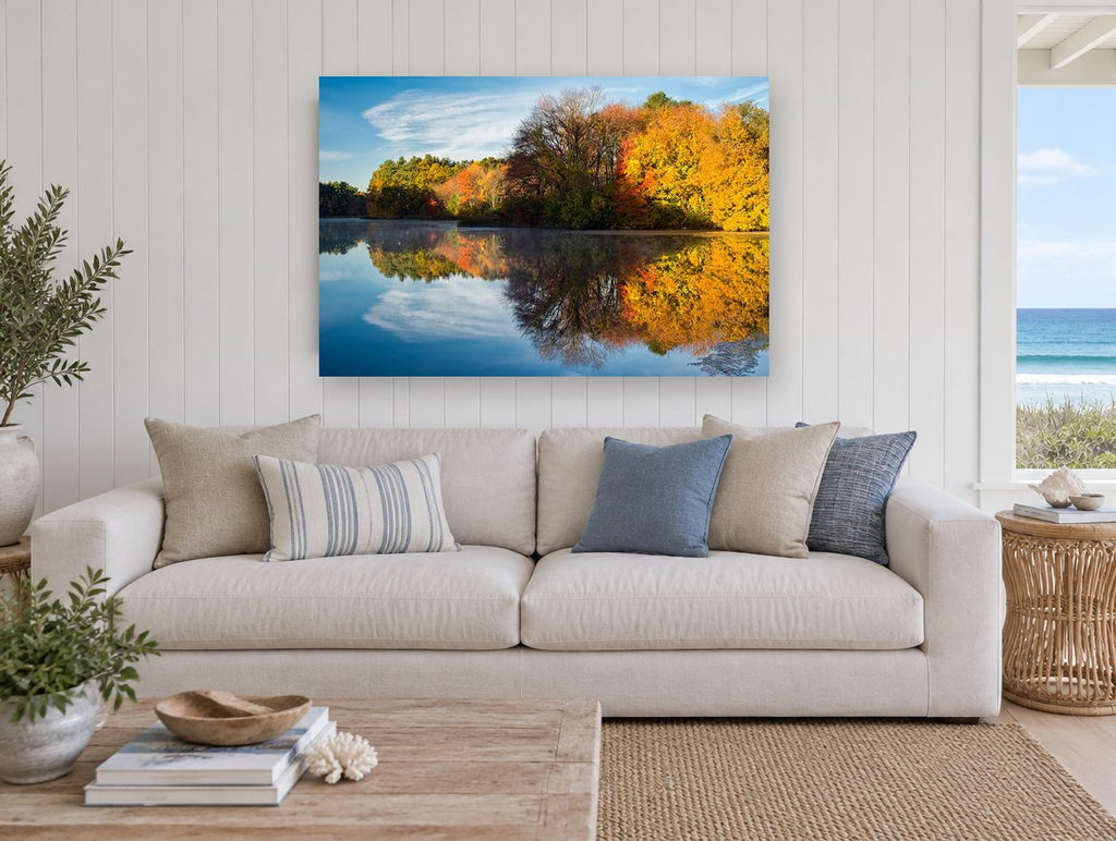 Golden Shoreline Stillness landscape canvas print on the wall of a beach house living room