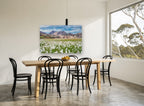 Cotton Grass Highlands floral canvas print on the wall of a dining room