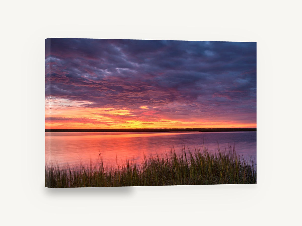 Marsh Afterglow, purple sunset marsh water photograph, landscape canvas wall art print ready to hang
