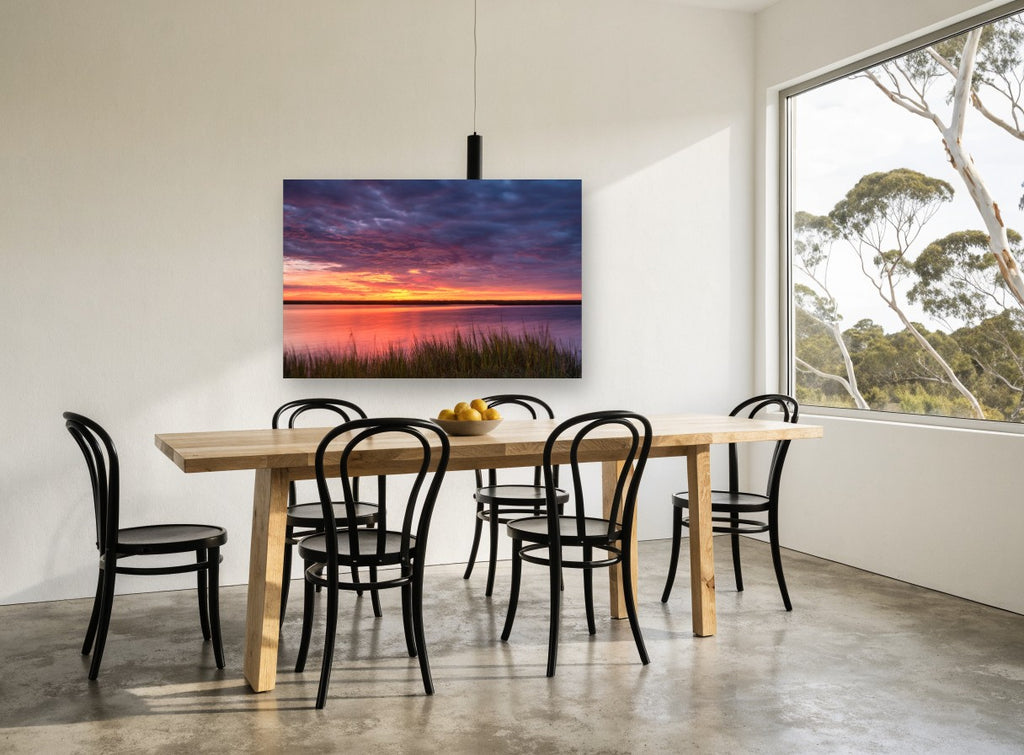 Marsh Afterglow landscape canvas print on the wall of a dining room