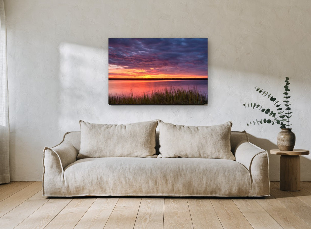 Marsh Afterglow landscape canvas print on the wall of a living room