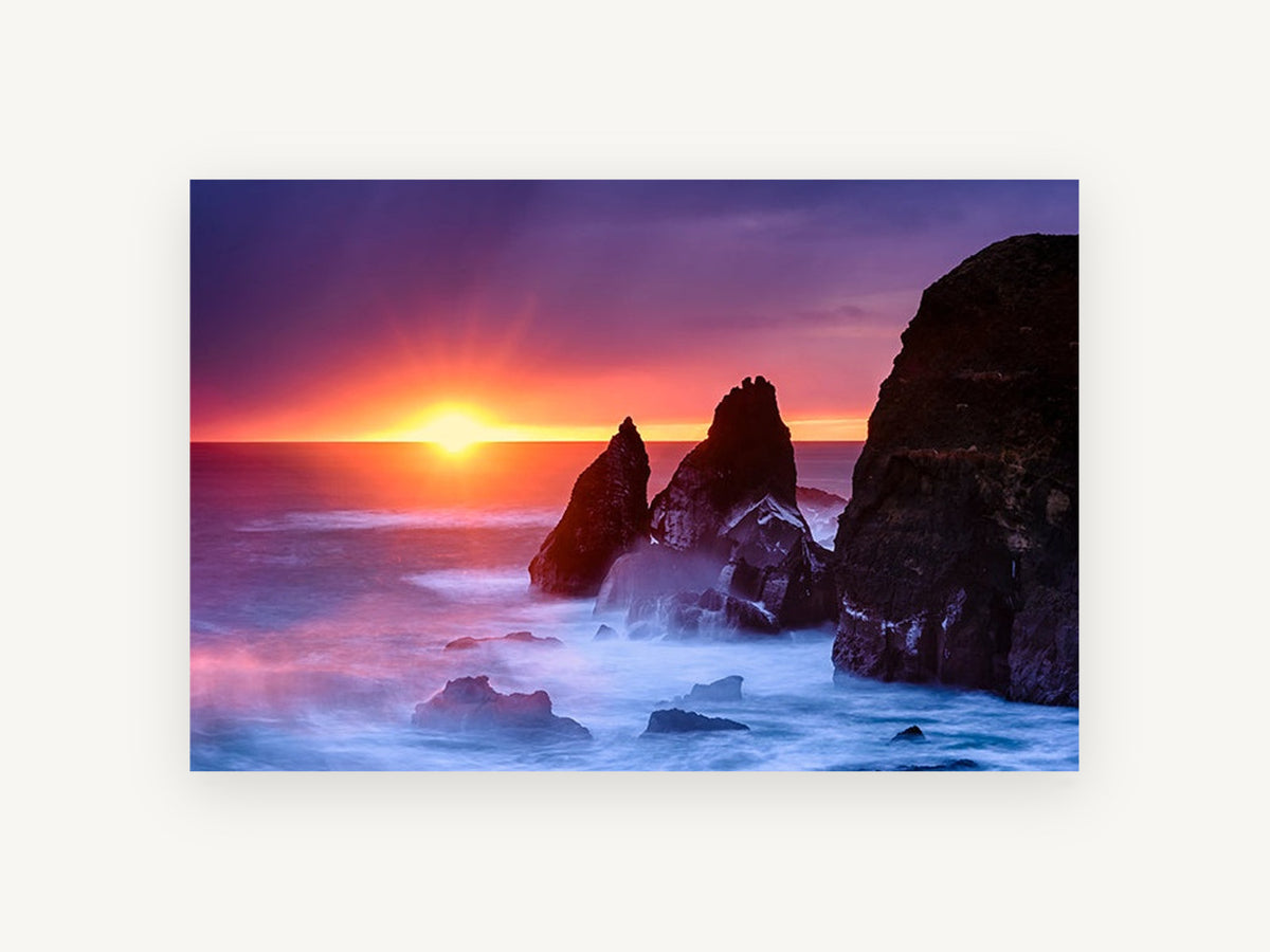 Sunset Sea Stacks, coastal canvas wall art print, front view