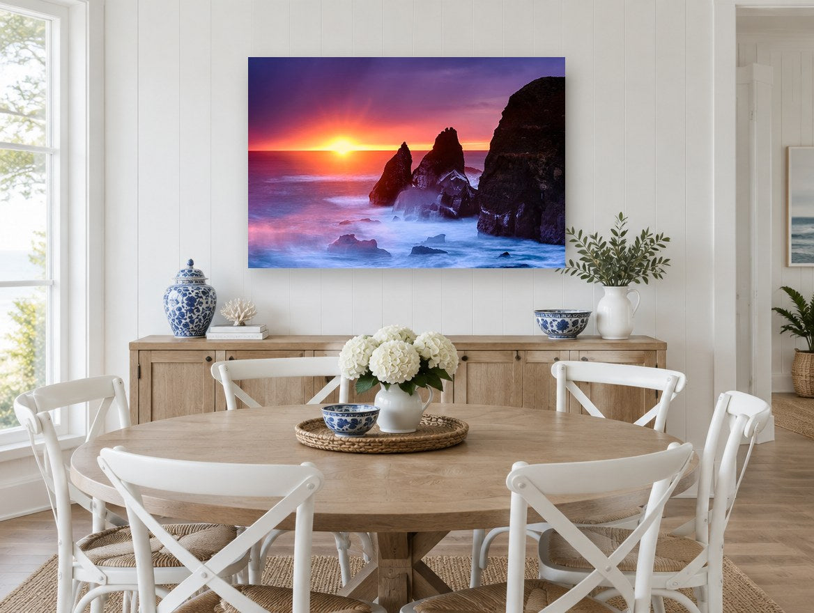 Sunset Sea Stacks coastal canvas print on the wall of a Hamptons dining room