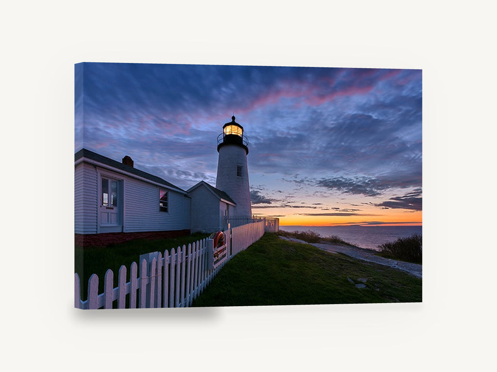 Faithful Sentry at Dusk, lighthouse at sunset photograph, coastal canvas wall art print ready to hang