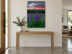 Lupines at Dusk floral canvas print on the wall of a entry hall