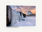 Frozen Falls Dusk, frozen waterfall snowy peak photograph, landscape canvas wall art print ready to hang