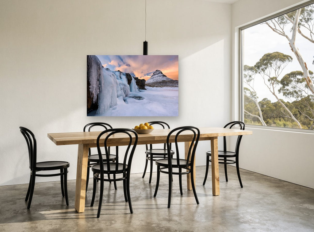 Frozen Falls Dusk landscape canvas print on the wall of a dining room