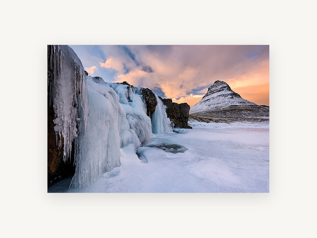 Frozen Falls Dusk, frozen waterfall snowy peak photograph, landscape canvas wall art print, front view