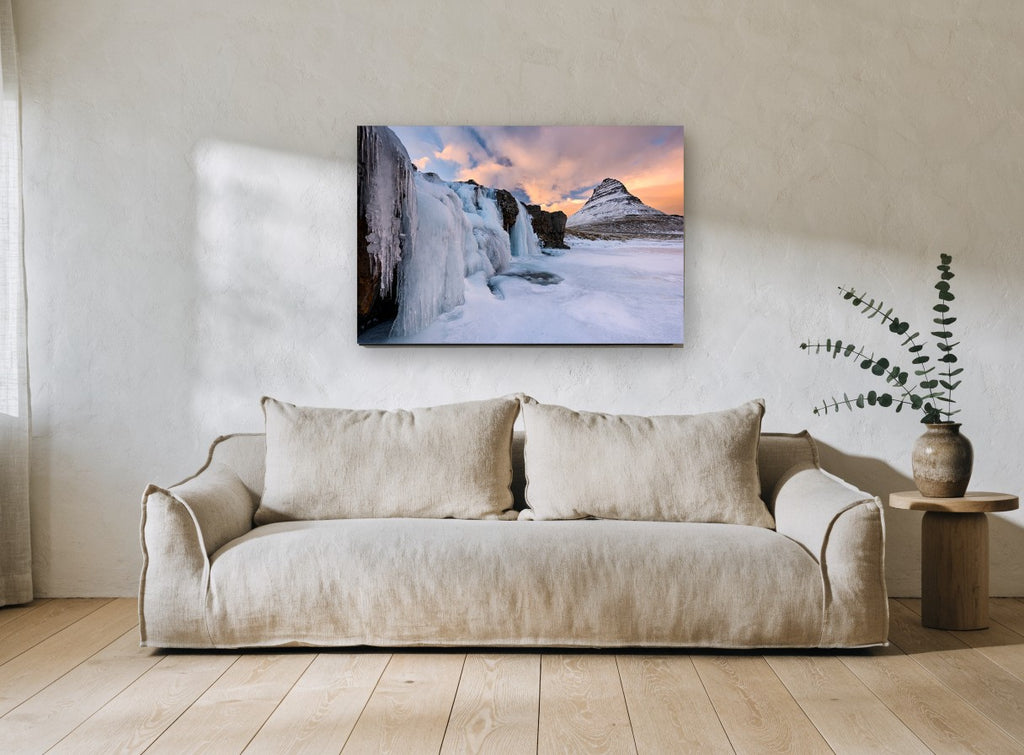 Frozen Falls Dusk landscape canvas print on the wall of a living room