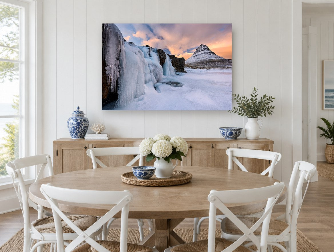 Frozen Falls Dusk landscape canvas print on the wall of a Hamptons dining room