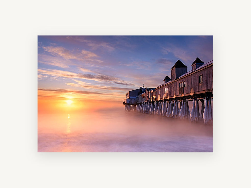 Frozen Pier Sunrise, coastal canvas wall art print, front view