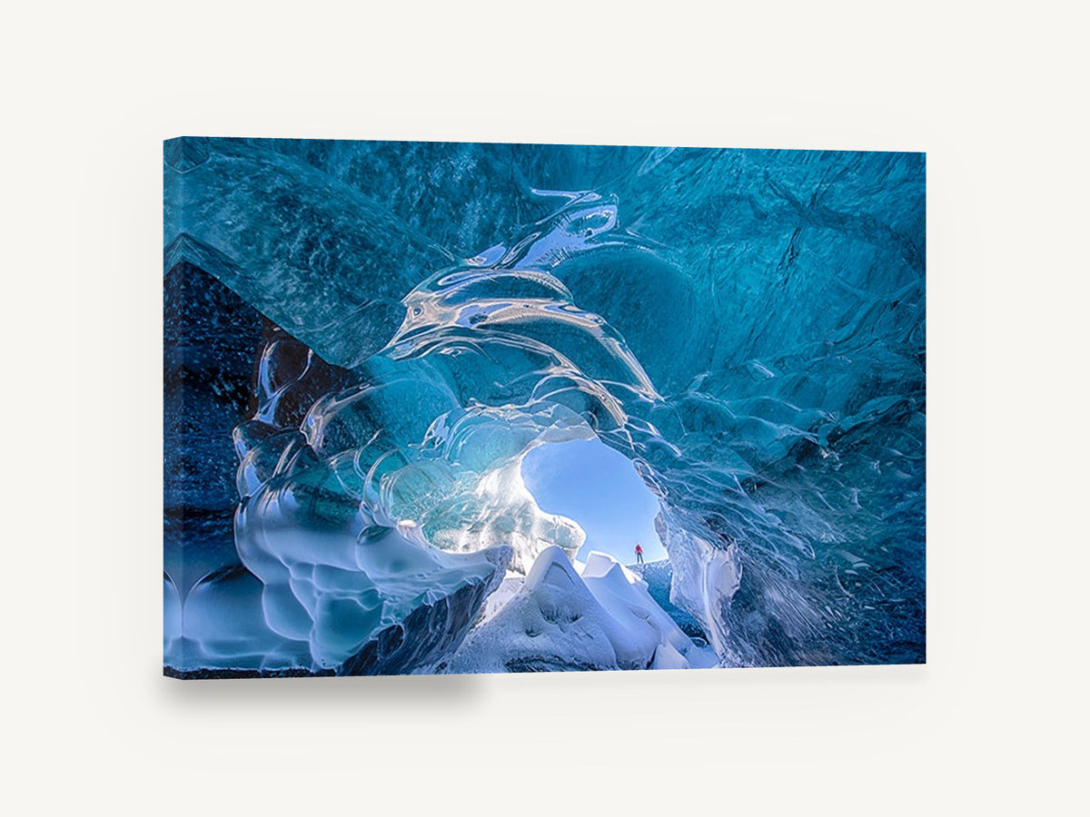 Glacier Ice Cave, blue glacier ice cave photograph, landscape canvas wall art print ready to hang
