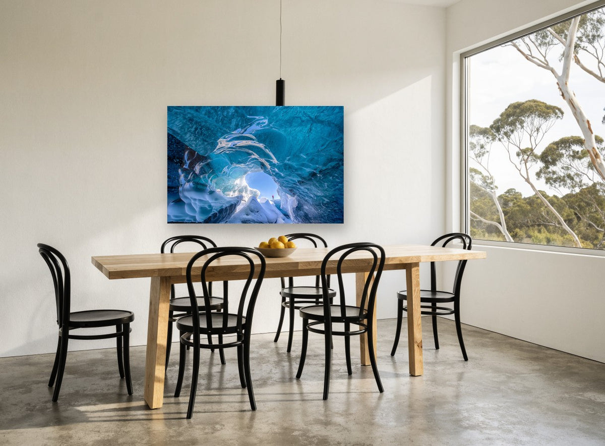 Glacier Ice Cave landscape canvas print on the wall of a dining room