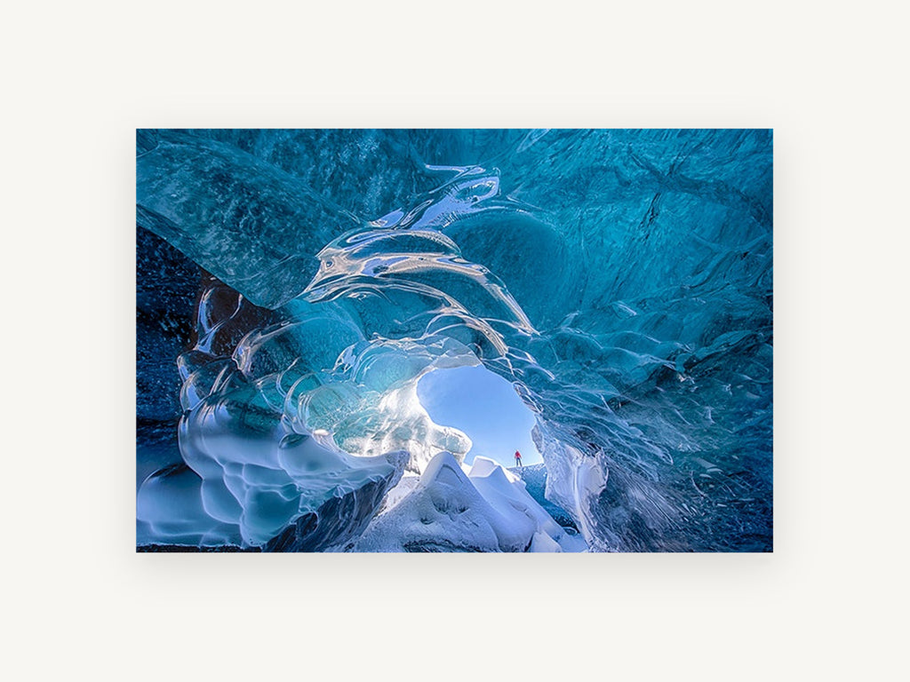 Glacier Ice Cave, blue glacier ice cave photograph, landscape canvas wall art print, front view