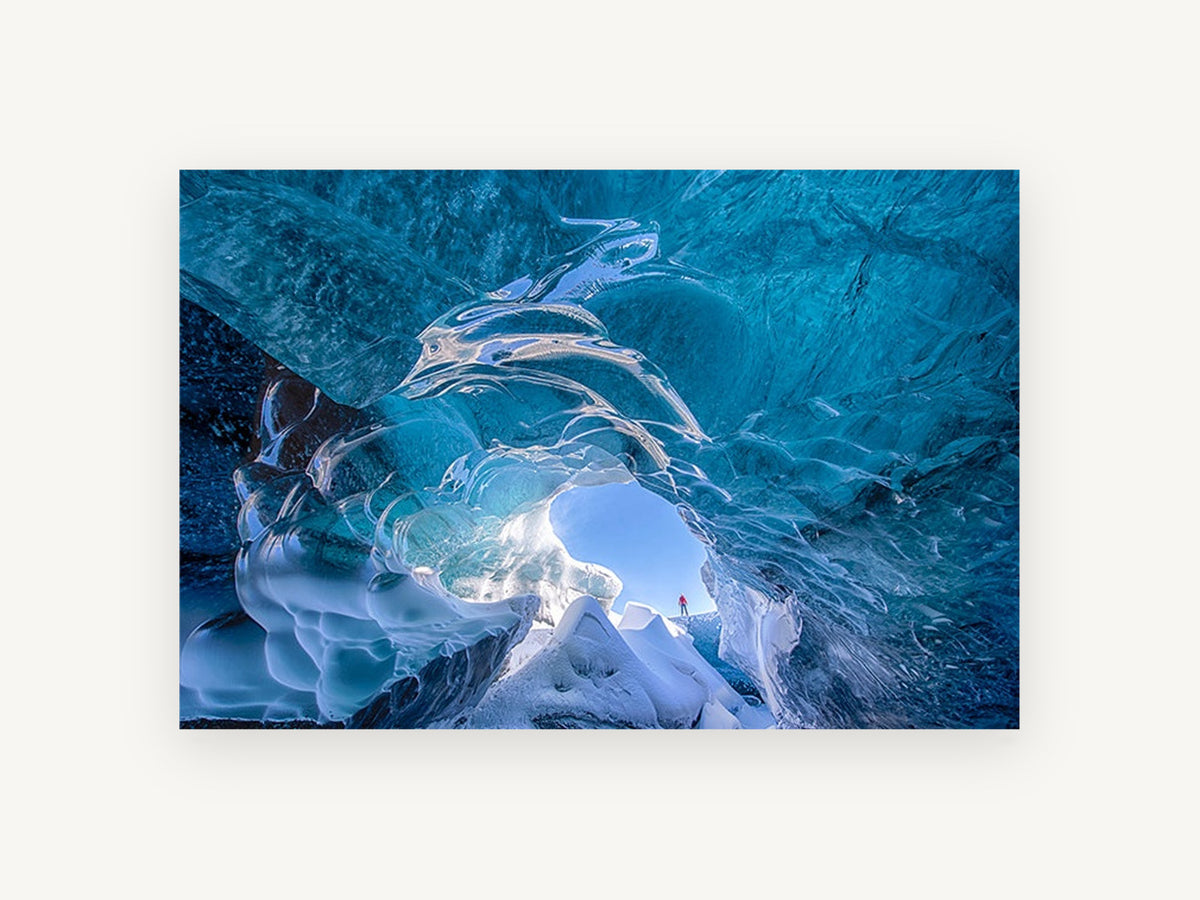 Glacier Ice Cave, blue glacier ice cave photograph, landscape canvas wall art print, front view