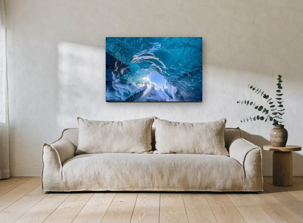 Glacier Ice Cave landscape canvas print on the wall of a living room