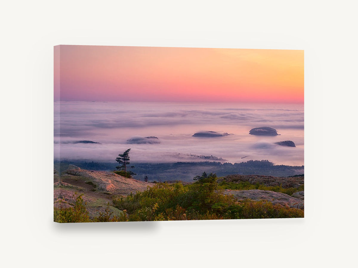 Fog Islands at Dawn, misty sunrise islands over fog photograph, landscape canvas wall art print ready to hang