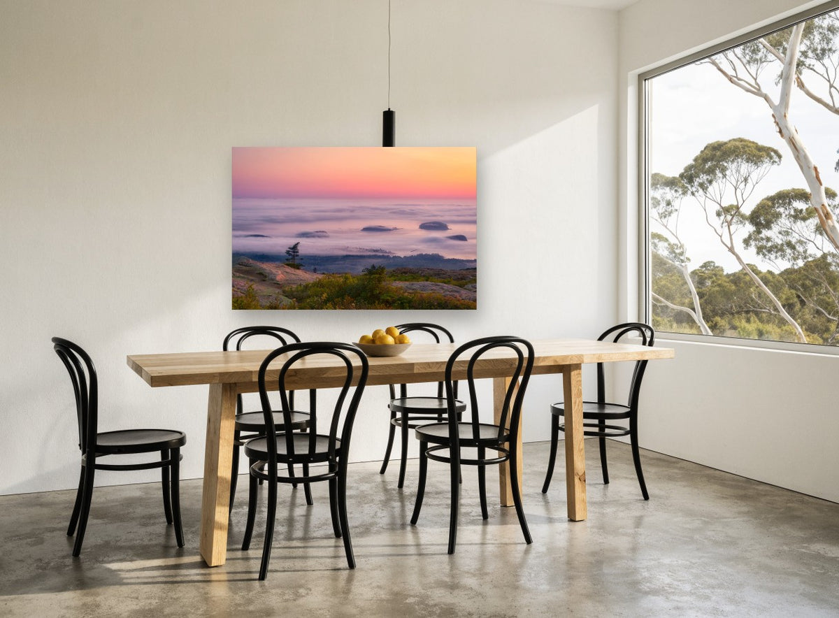 Fog Islands at Dawn landscape canvas print on the wall of a dining room