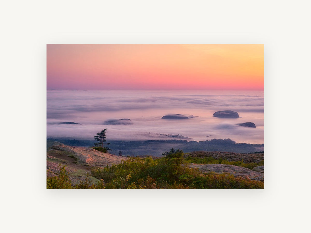 Fog Islands at Dawn, misty sunrise islands over fog photograph, landscape canvas wall art print, front view