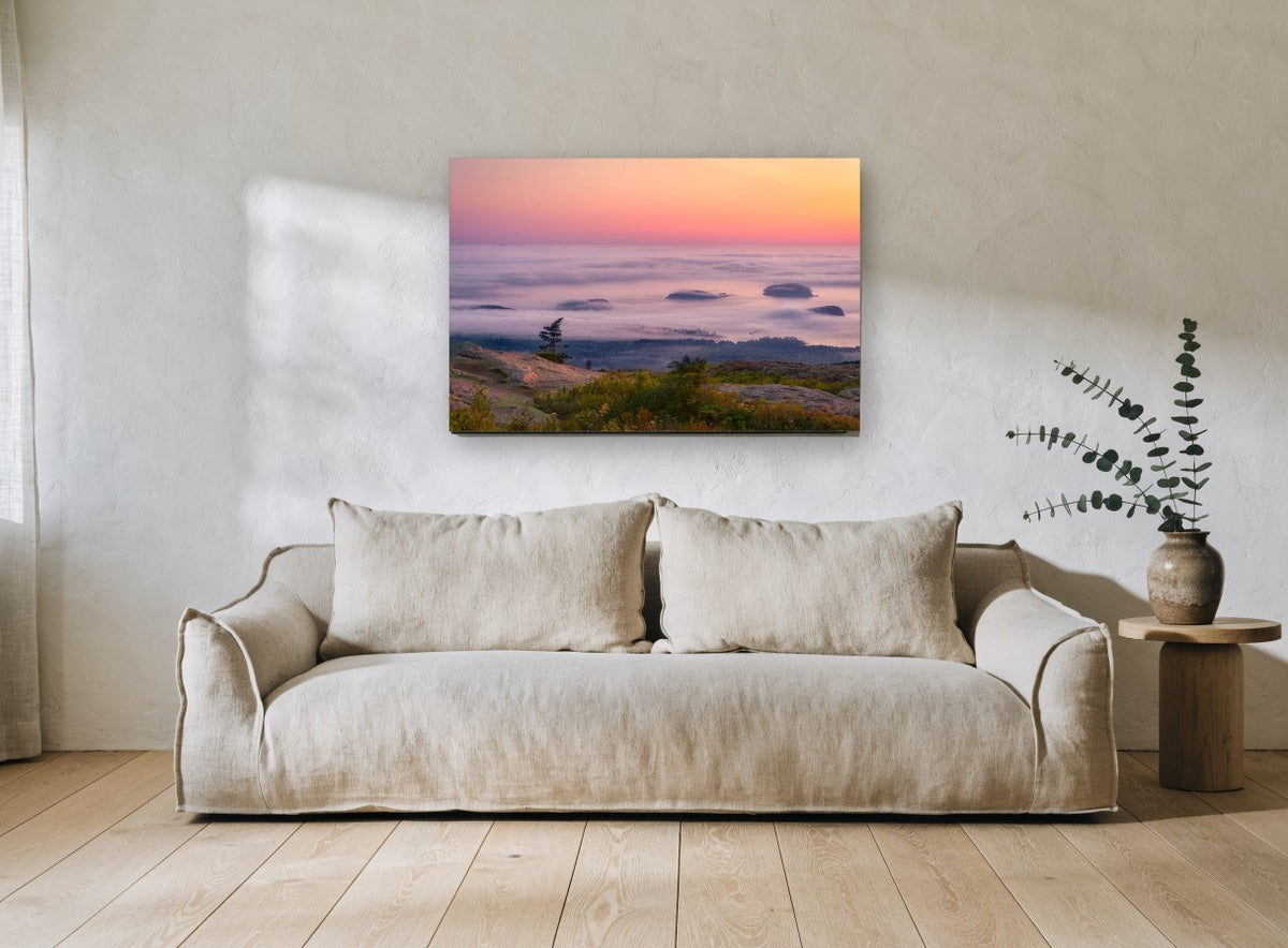 Fog Islands at Dawn landscape canvas print on the wall of a living room