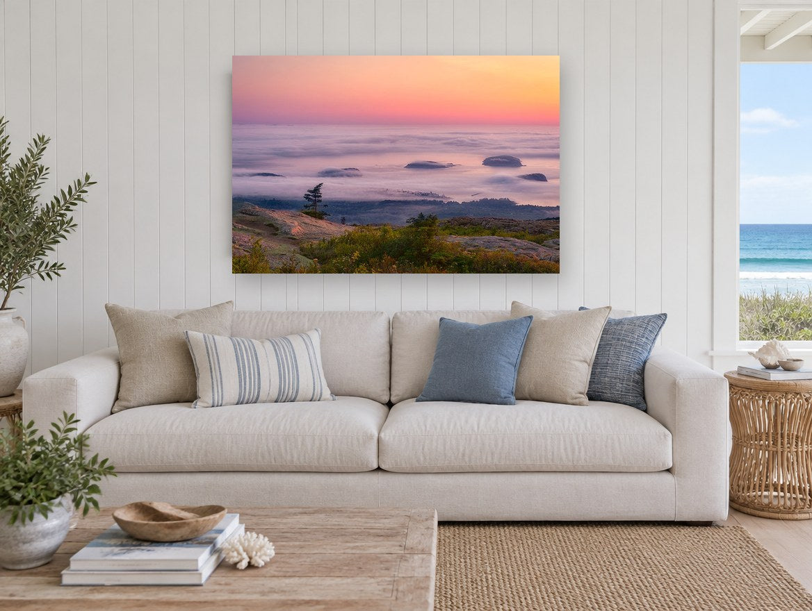 Fog Islands at Dawn landscape canvas print on the wall of a beach house living room