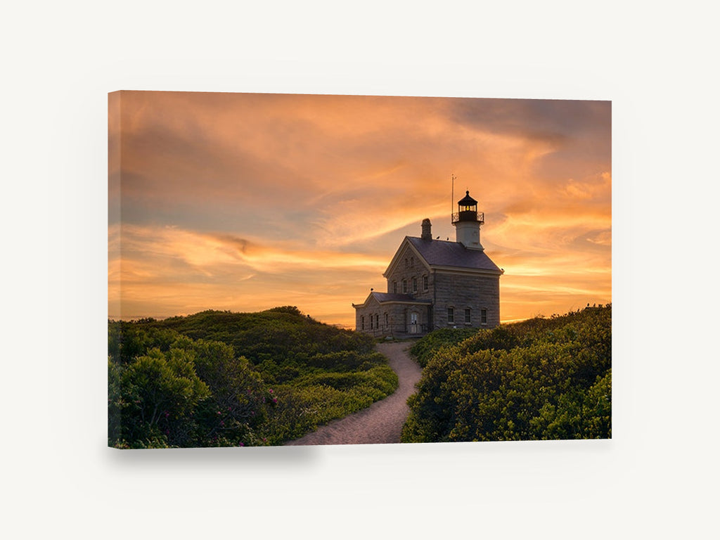 Lighthouse At Dusk, lighthouse sunset coastal hill photograph, landscape canvas wall art print ready to hang