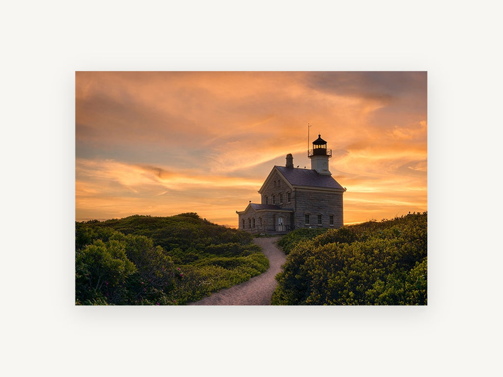 Lighthouse At Dusk, lighthouse sunset coastal hill photograph, landscape canvas wall art print, front view
