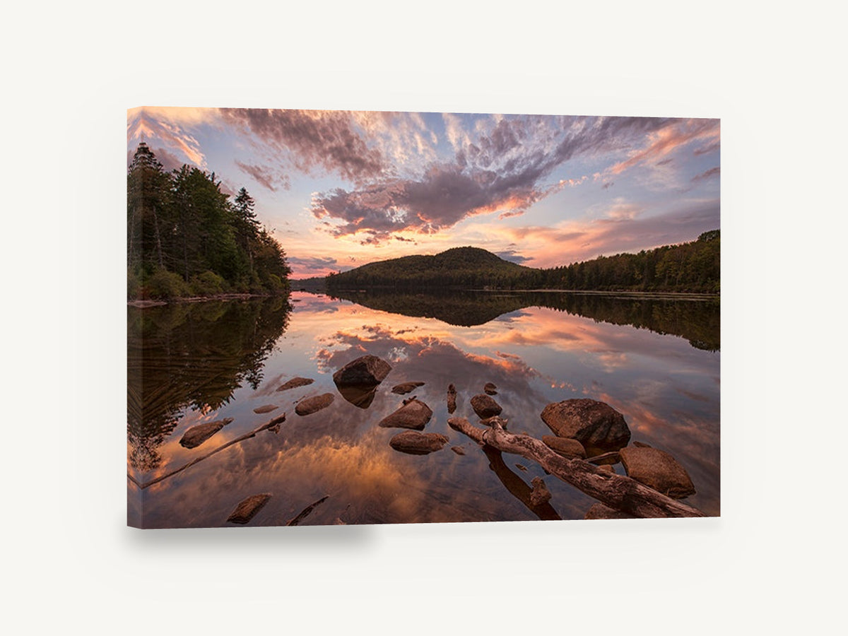 Rocky Pond Afterglow, sunset lake reflection photograph, landscape canvas wall art print ready to hang