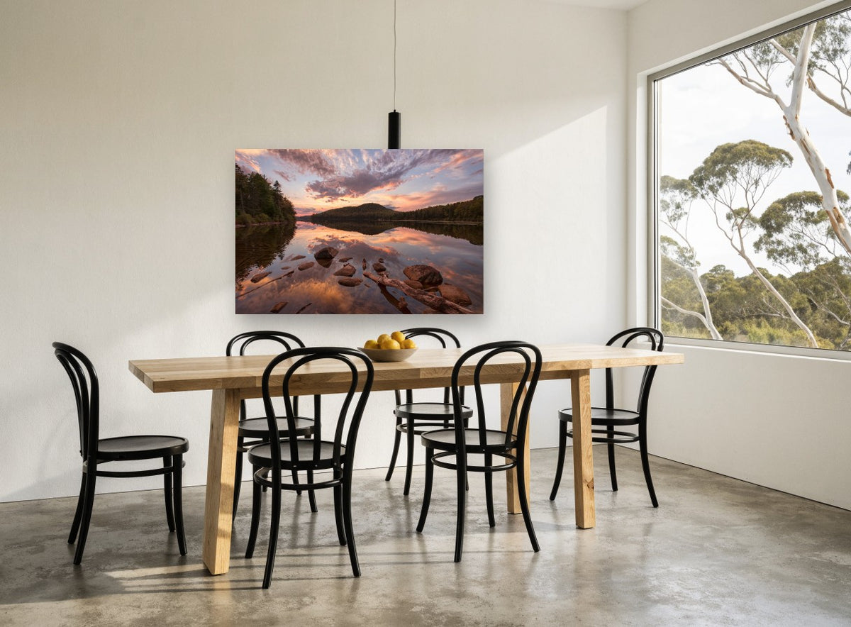 Rocky Pond Afterglow landscape canvas print on the wall of a dining room