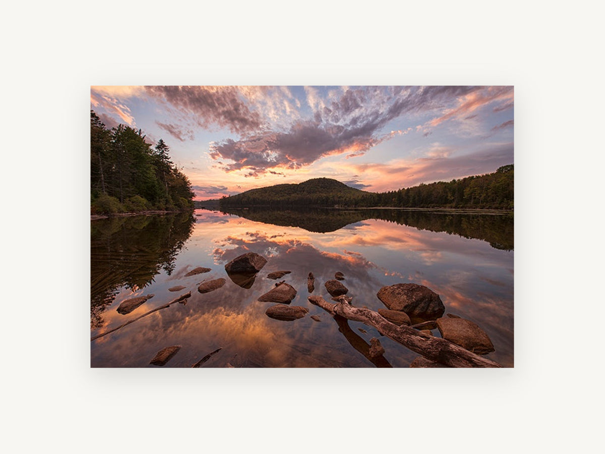 Rocky Pond Afterglow, sunset lake reflection photograph, landscape canvas wall art print, front view