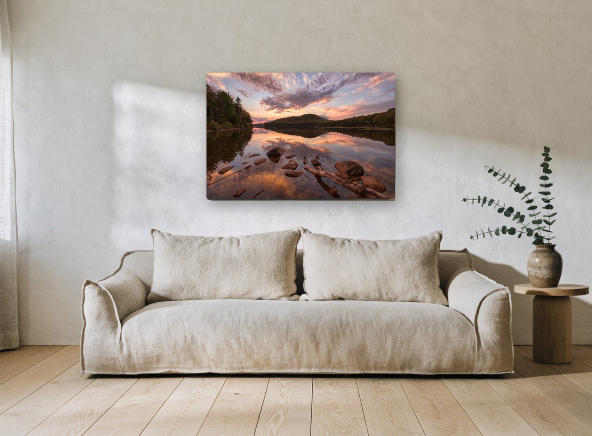 Rocky Pond Afterglow landscape canvas print on the wall of a living room