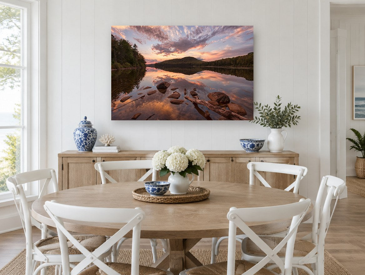 Rocky Pond Afterglow landscape canvas print on the wall of a Hamptons dining room