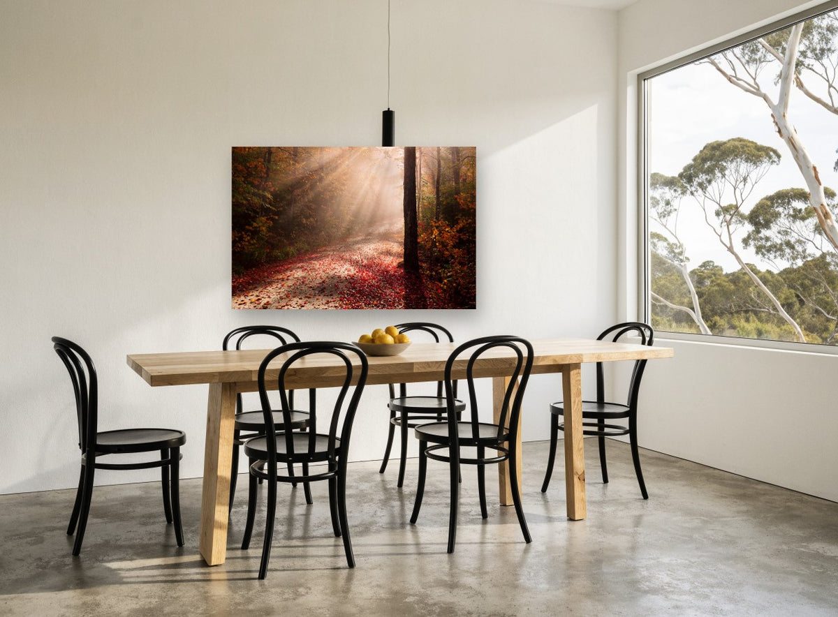 Autumn Light Rays landscape canvas print on the wall of a dining room
